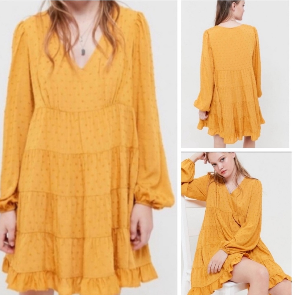 Urban Outfitters Yellow Swiss Dot Long Sleeve Tiered V Neck Mini Dress XS‎